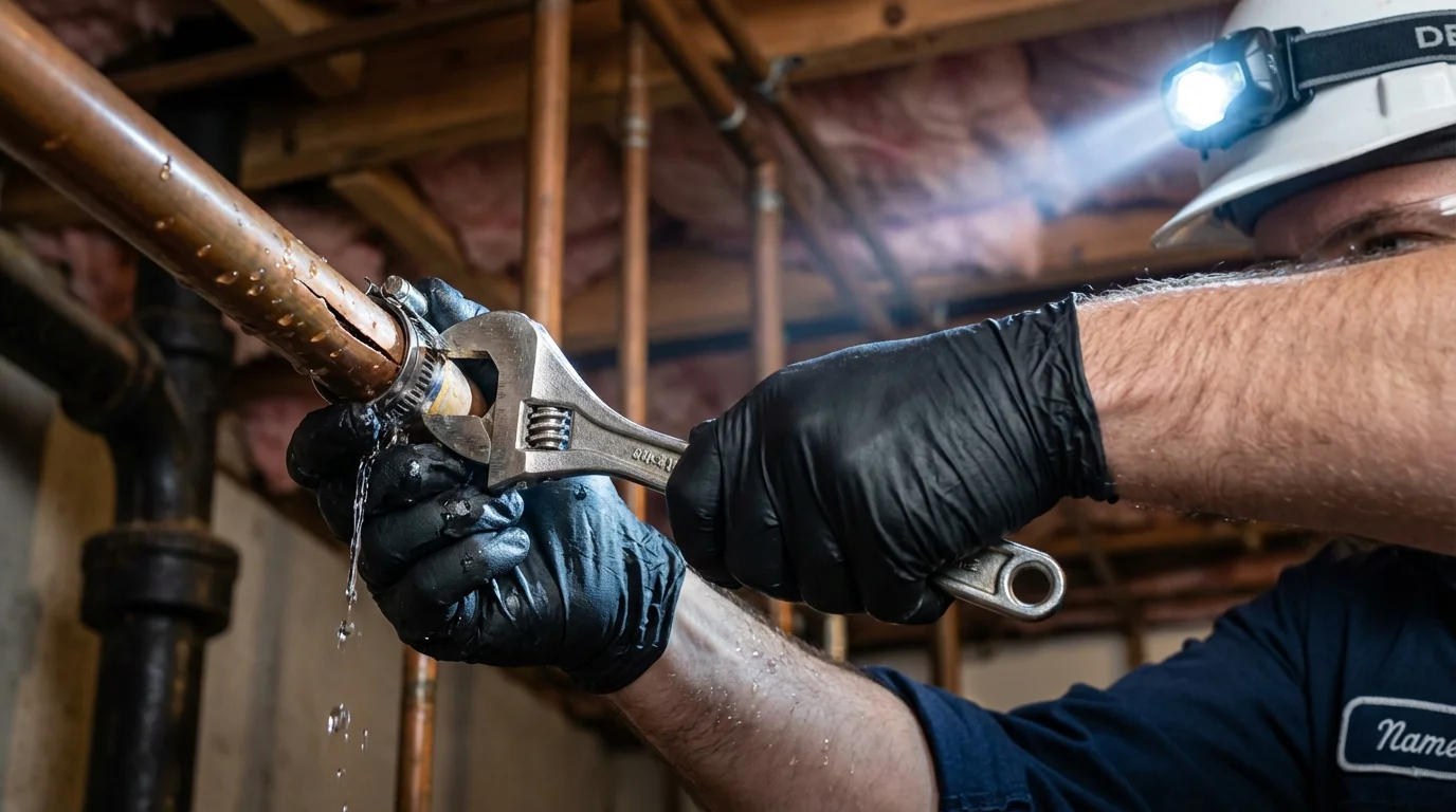 Emergency pipe clamp repair being performed by a Johns Plumbing LLC plumber in New Port Richey