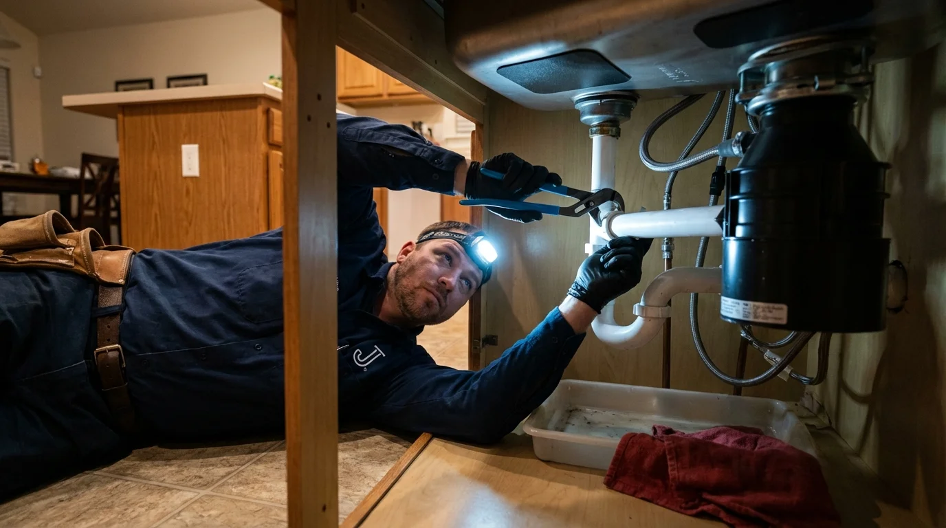 P-trap and supply line connections under a kitchen sink showing a common leak point in New Port Richey, FL